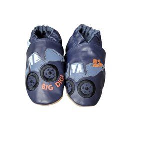 Robeez Leather Soft Sole Baby Shoes Navy with Digger  Size 18-24 months